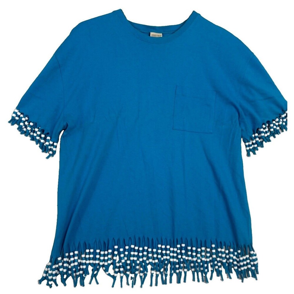 Vintage Cheetah Beaded Fringe Pocket T Shirt Blue USA Made Women’s XL Boho Tee